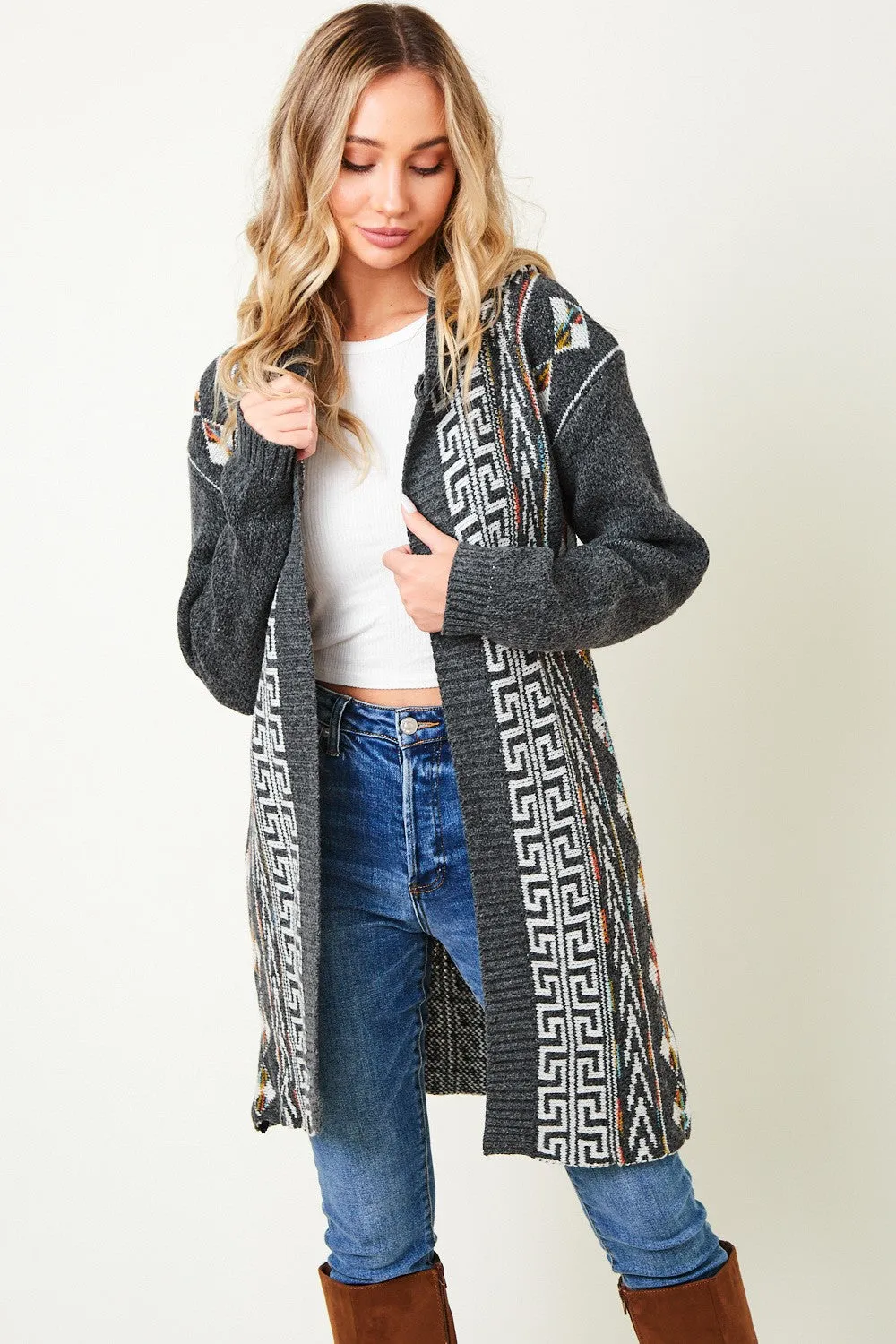 Aztec Pattern Long Sleeve Hooded Open Front Long Sweater Cardigan