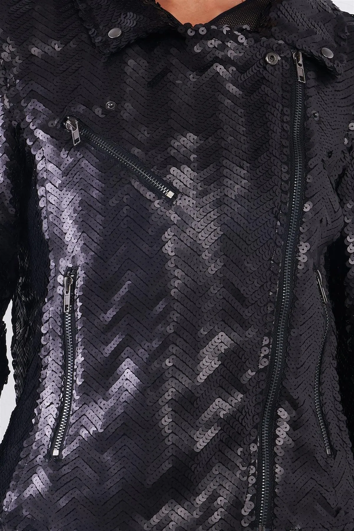 Black Matte Sequin Long Zip-Up Sleeve Oblique Zipper Front Detail Glam Jacket /1-2-3