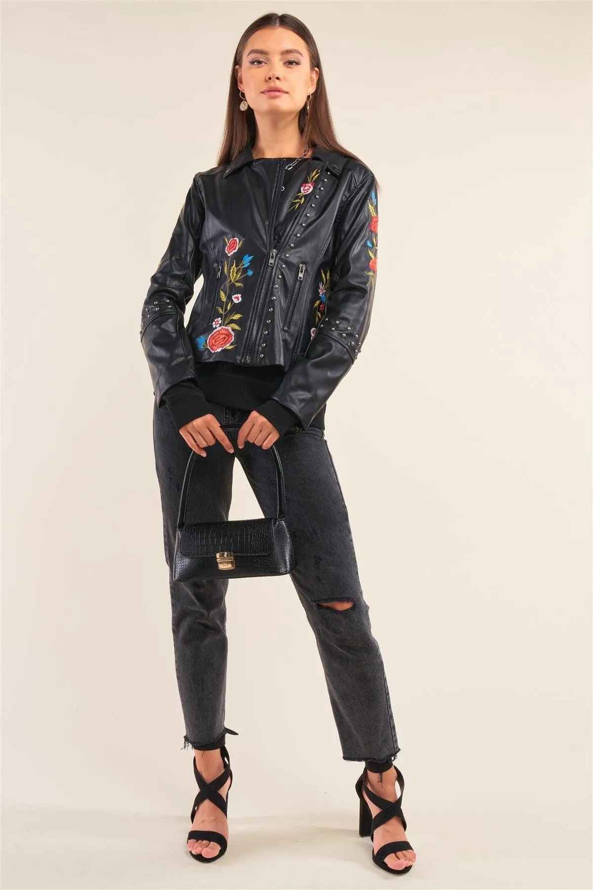 Black Metal Beads Detail Floral Embroidery Long "Tattooed" Sleeve Vegan Leather Jacket /2-2-2