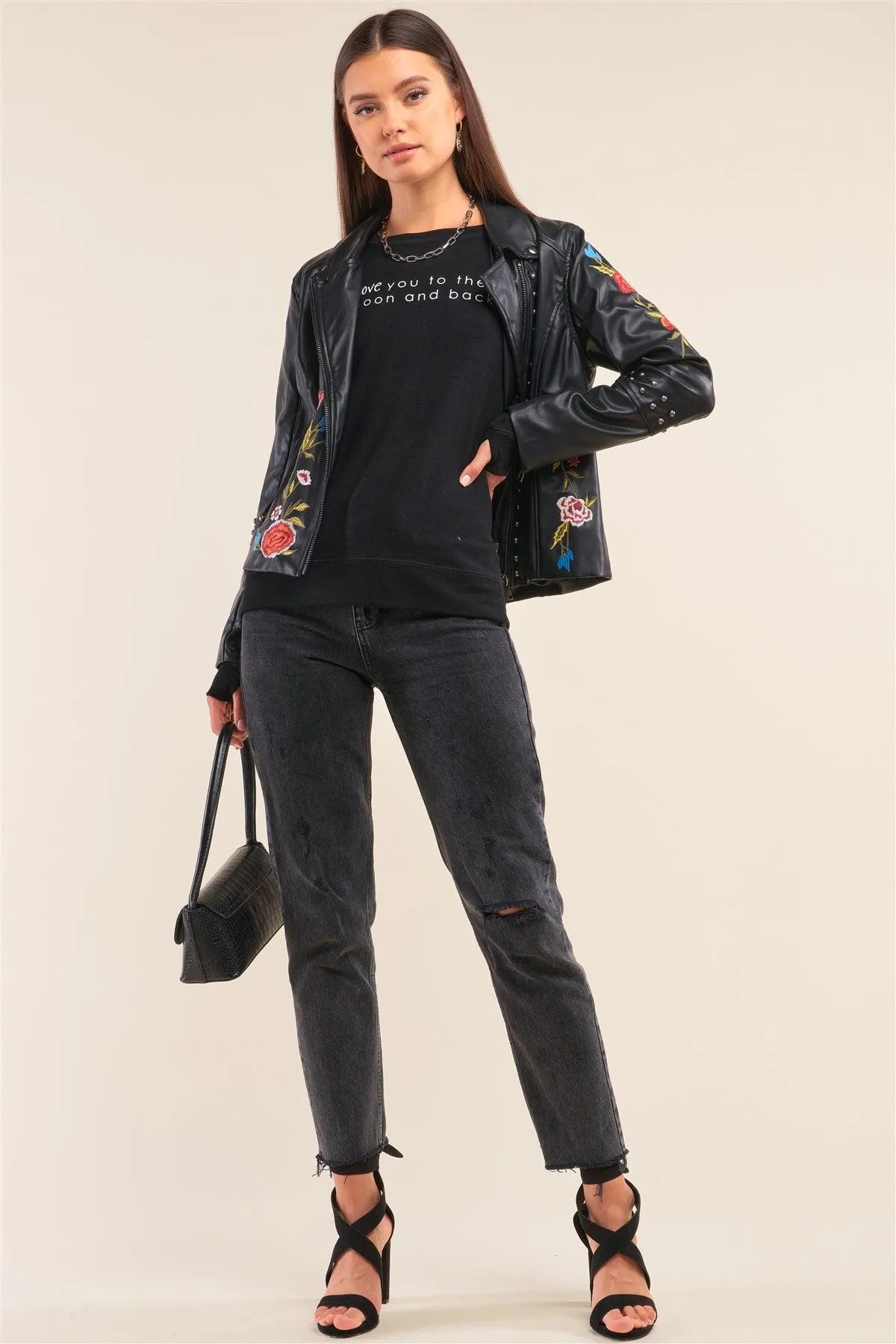 Black Metal Beads Detail Floral Embroidery Long "Tattooed" Sleeve Vegan Leather Jacket /2-2-2