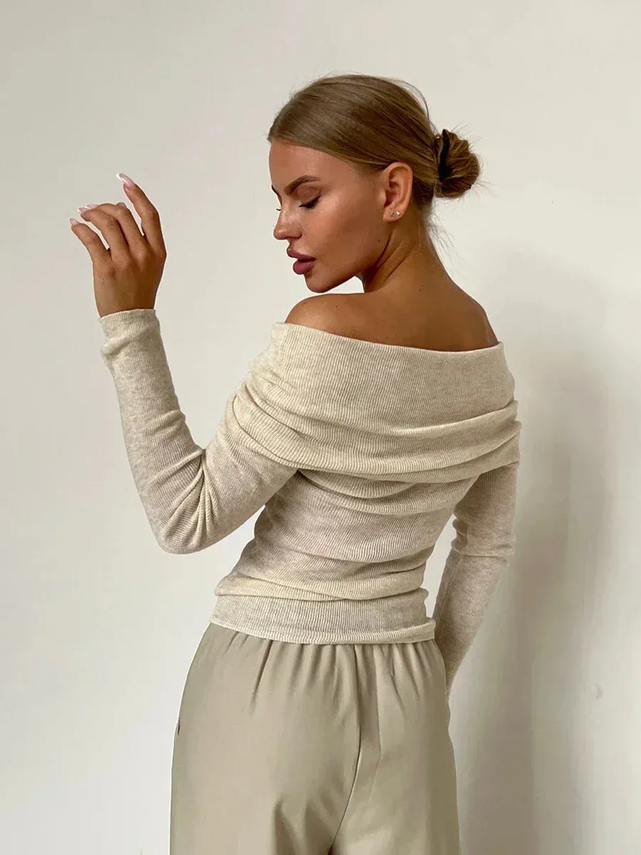 Bonnyshow Women Knitted Wool T-shirt Slim Fit Long Sleeve Autumn Winter Chic Off Shoulder Basic Sweater Streetwear Pullovers