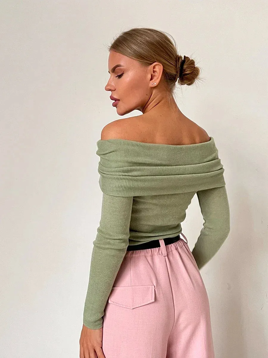 Bonnyshow Women Knitted Wool T-shirt Slim Fit Long Sleeve Autumn Winter Chic Off Shoulder Basic Sweater Streetwear Pullovers