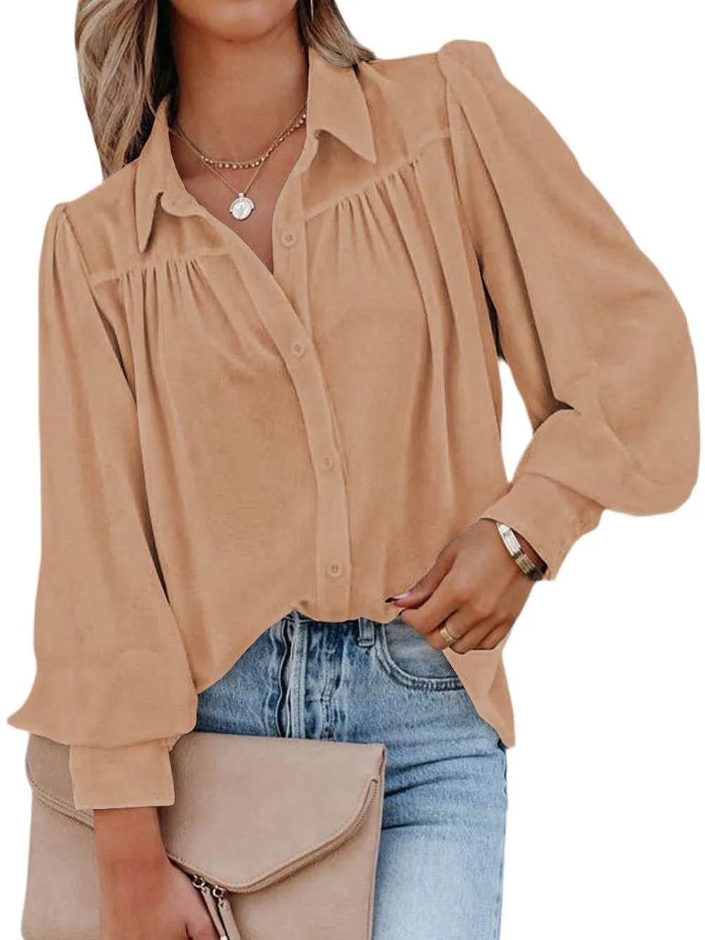 Button-Up Khaki Loose Fit Long Sleeve Blouse