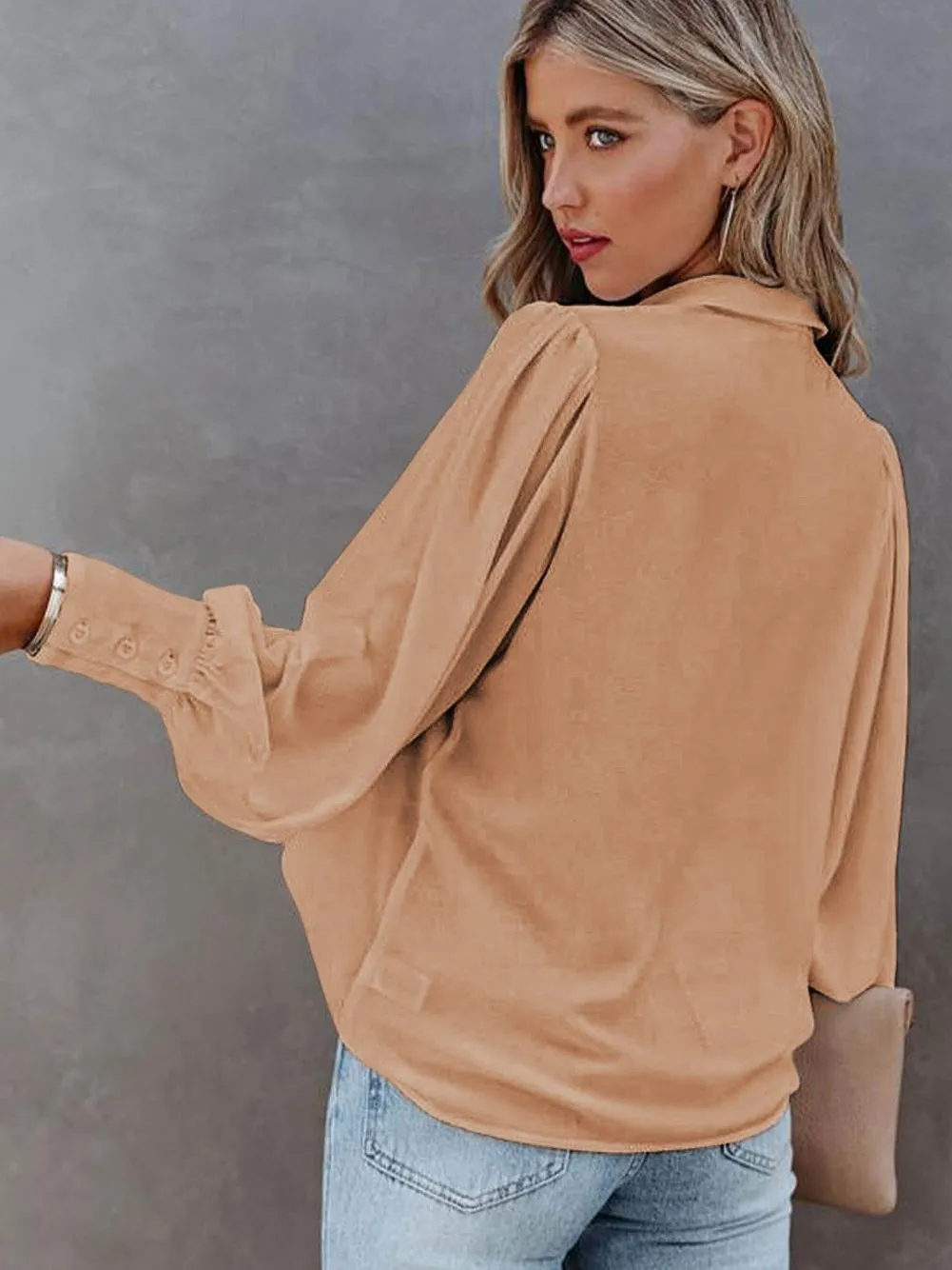 Button-Up Khaki Loose Fit Long Sleeve Blouse