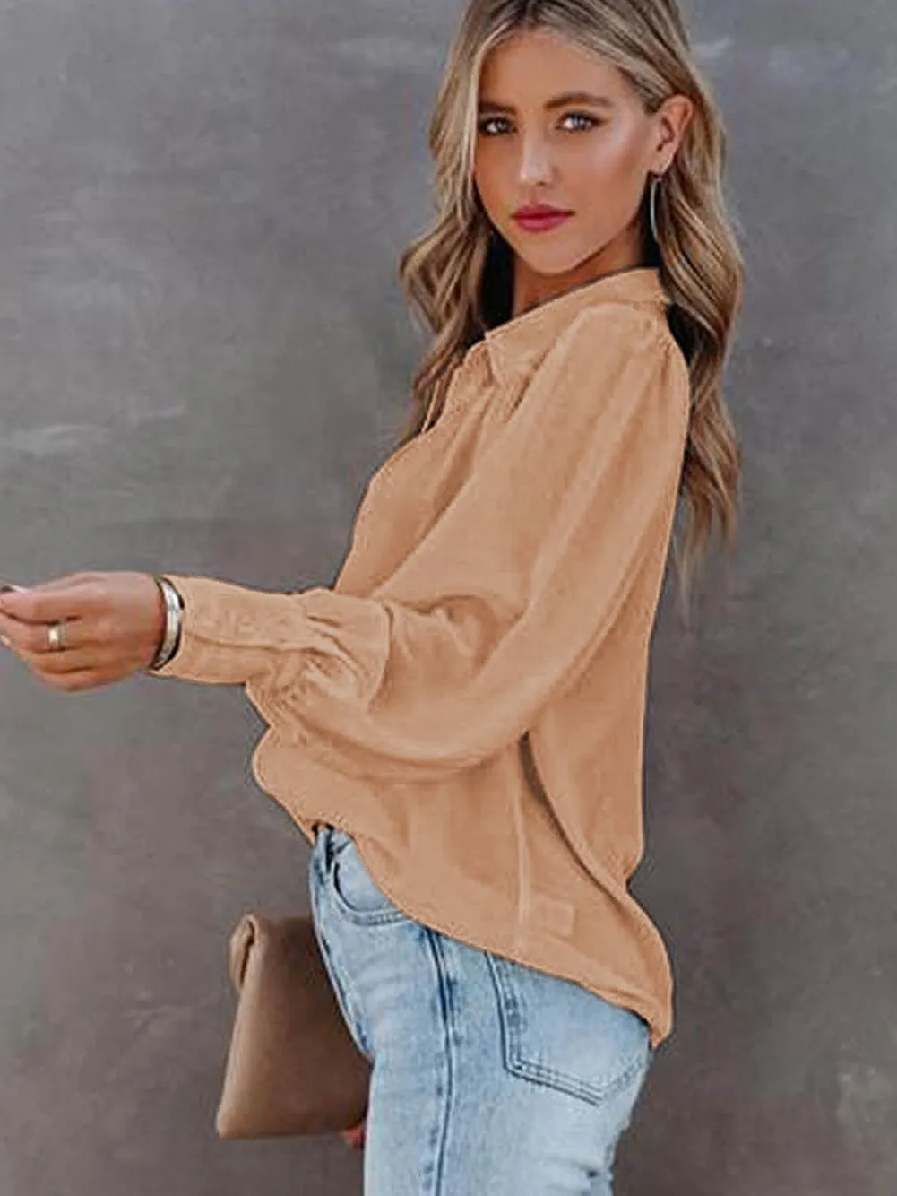 Button-Up Khaki Loose Fit Long Sleeve Blouse