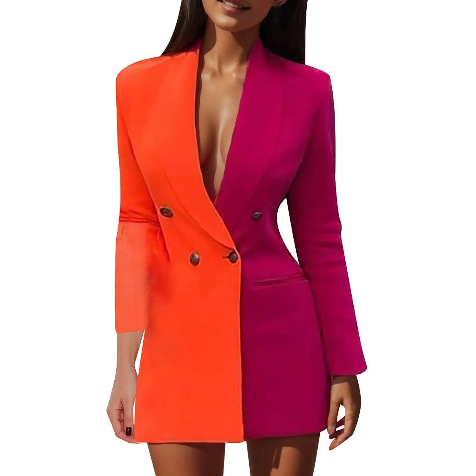 Colorblock Patchwork Suit Jacket Dress Coat V Neck Fashion Coat Long Sleeve Double Breasted Women'S Coat Winter Jacket For Women