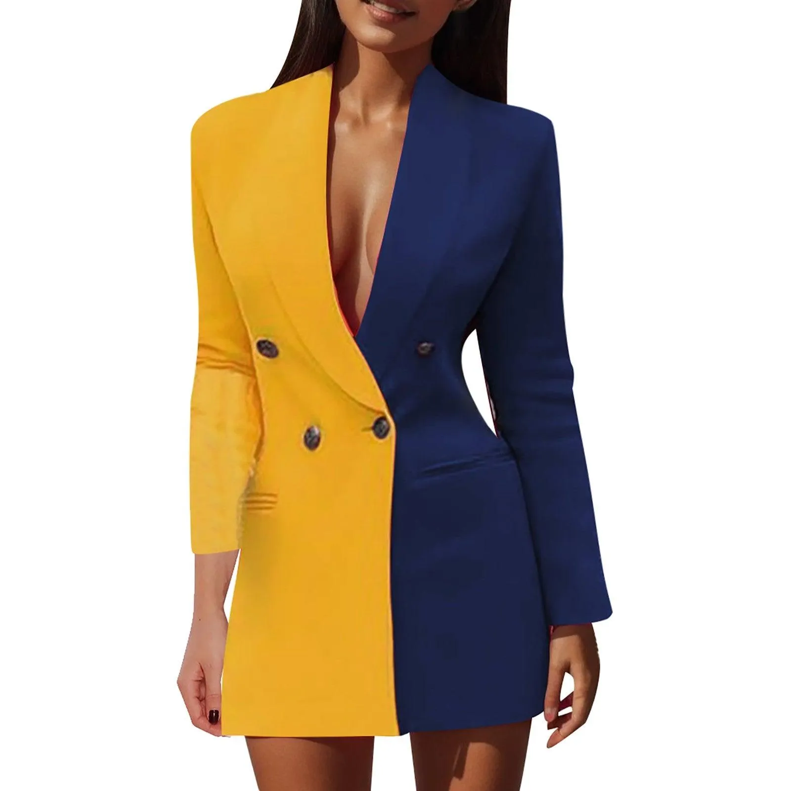 Colorblock Patchwork Suit Jacket Dress Coat V Neck Fashion Coat Long Sleeve Double Breasted Women'S Coat Winter Jacket For Women