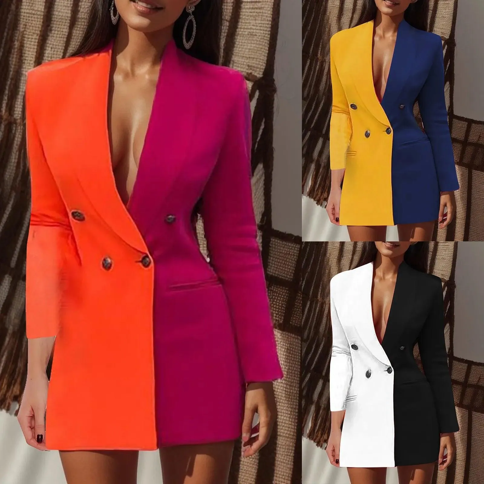 Colorblock Patchwork Suit Jacket Dress Coat V Neck Fashion Coat Long Sleeve Double Breasted Women'S Coat Winter Jacket For Women