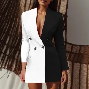 Colorblock Patchwork Suit Jacket Dress Coat V Neck Fashion Coat Long Sleeve Double Breasted Women'S Coat Winter Jacket For Women