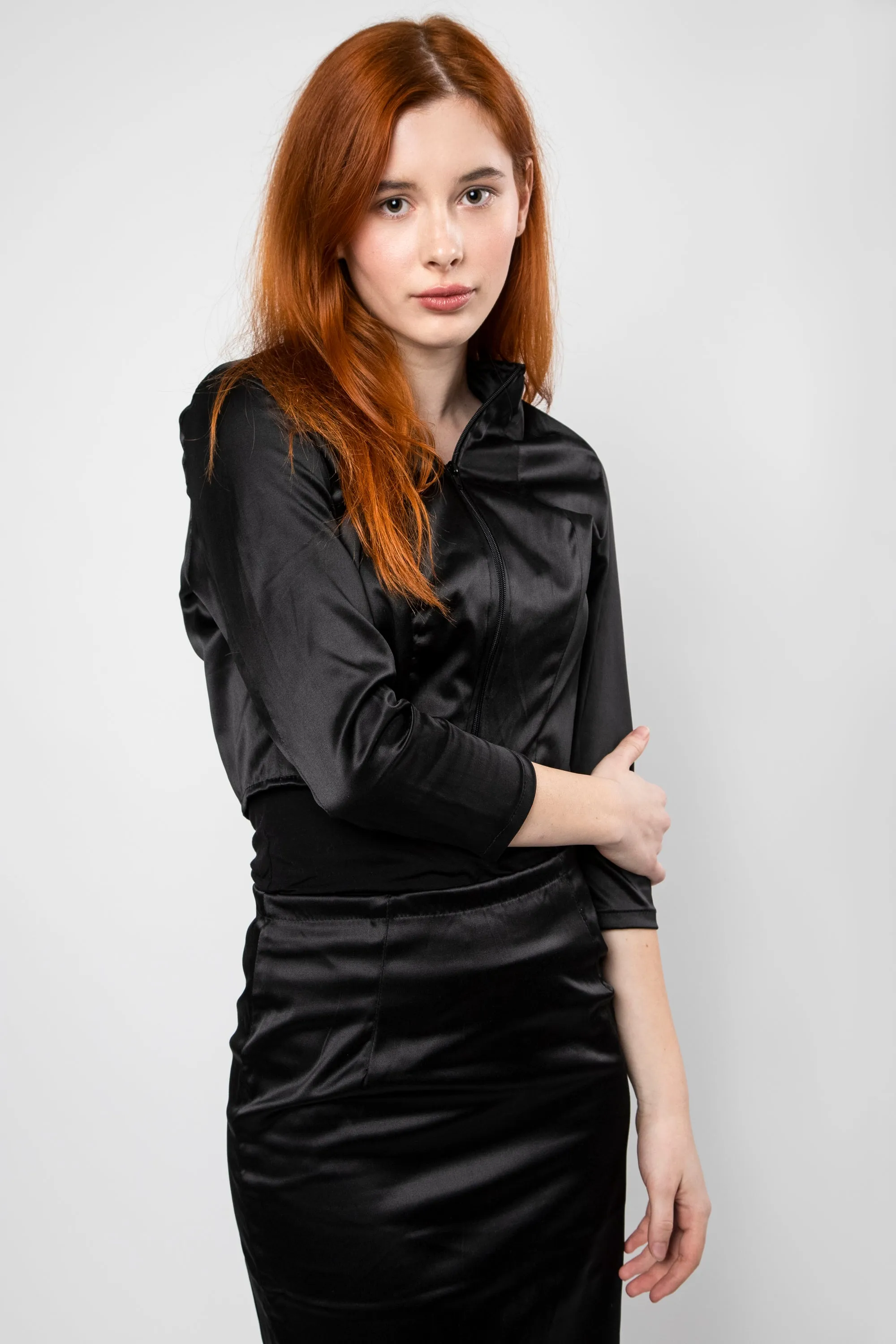 Cotton satin zip-up top in black