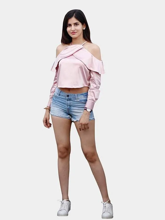 Custom Halter Long Sleeve Light Pink Top