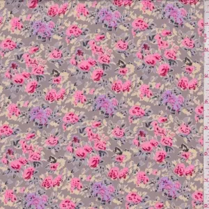 Ecru Beige/Pink Multi Floral Printed Crepe Faille Fabric