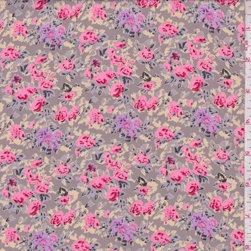 Ecru Beige/Pink Multi Floral Printed Crepe Faille Fabric