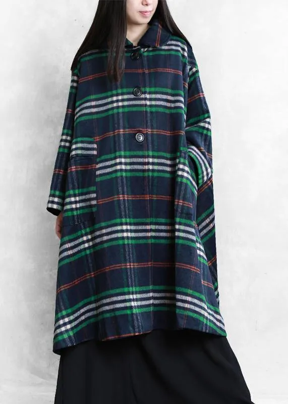 Elegant blue plaid wool overcoat plus size clothing Peter pan Collar large hem Coats