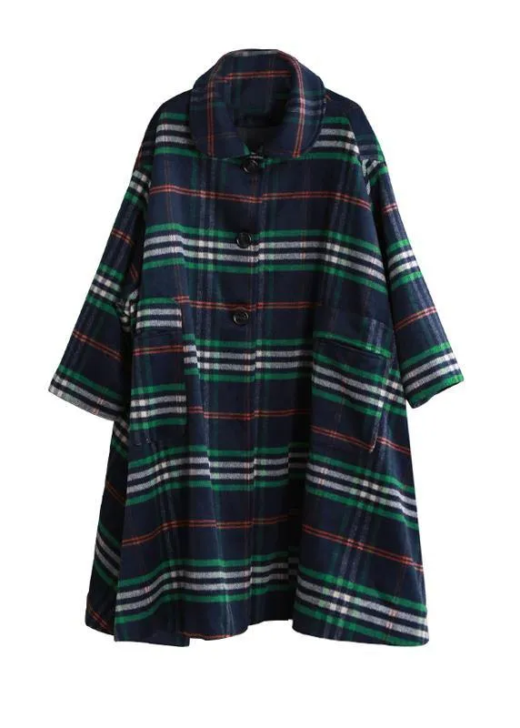 Elegant blue plaid wool overcoat plus size clothing Peter pan Collar large hem Coats