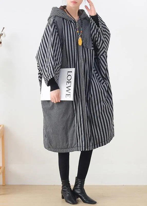 Elegant gray striped womens coats oversized winter hooded patchwork outwear