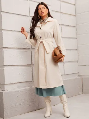 Elegant Plain Belted Long Sleeve Lapel Short Women Trench Coat