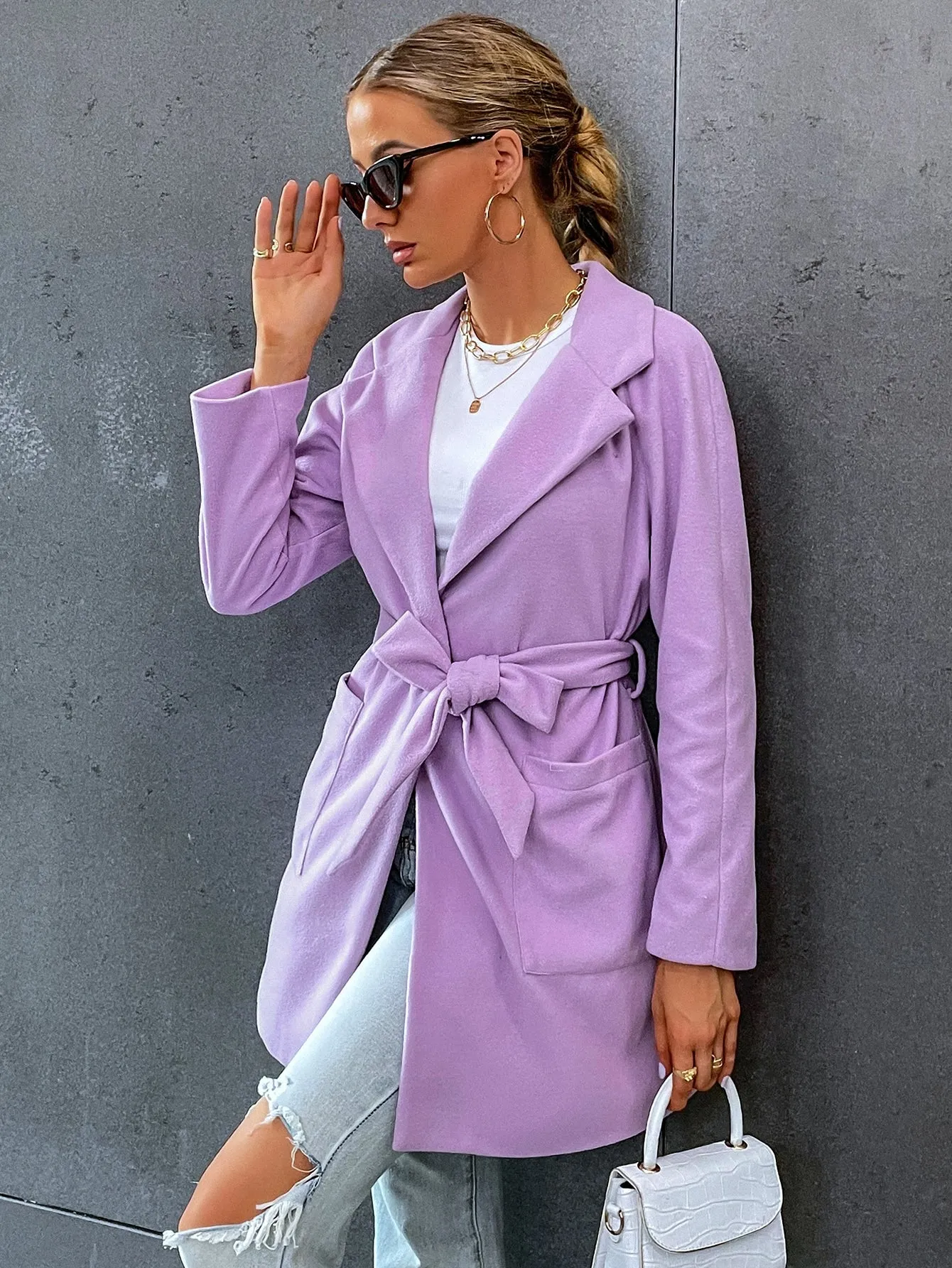 Elegant Plain Pocket Long Sleeve Lapel Short Women Coat