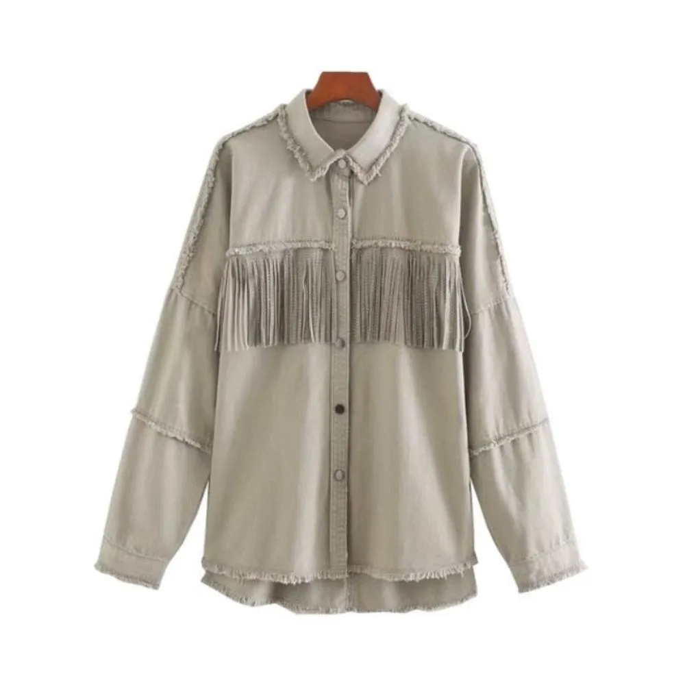 Fringe Beaded Jacket Long Sleeve Frayed Trim Outerwear