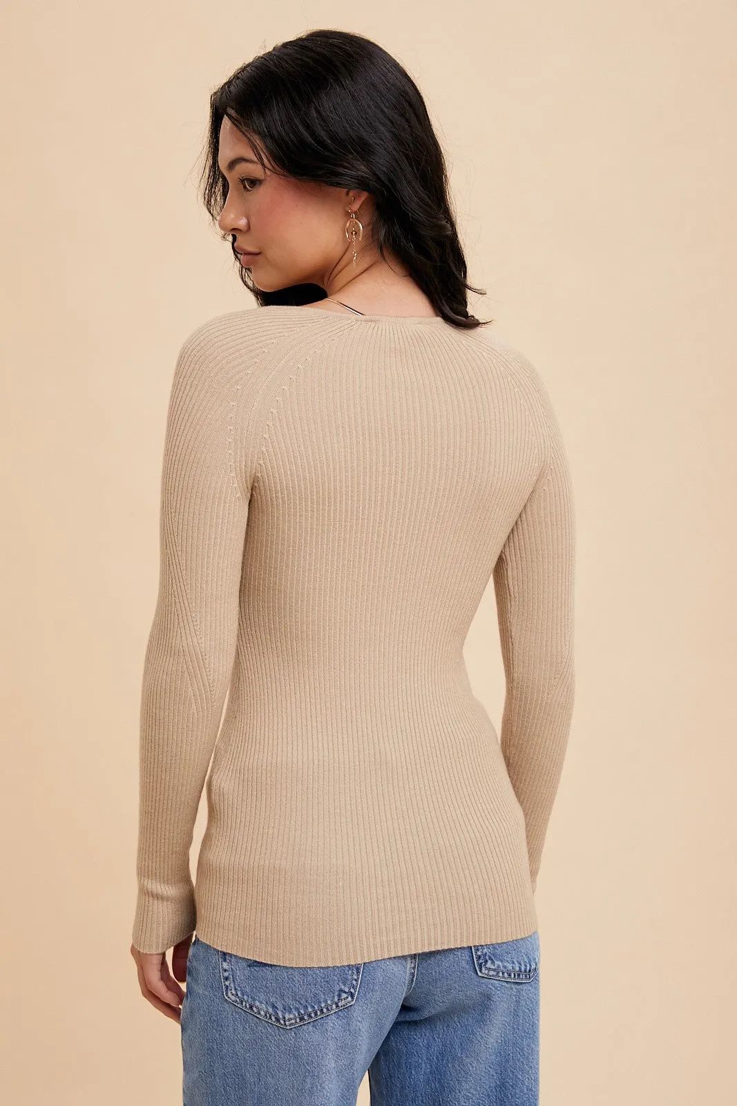 Hannah Fitted Rib Long Sleeve Top in Beige