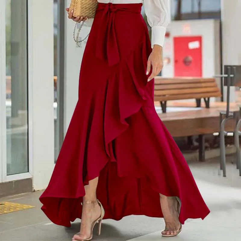 High Waist Belted Ruffles Skirt