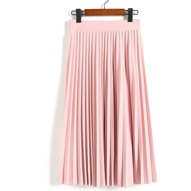 High Waist Pleated Solid Color Ankle Length Skirt