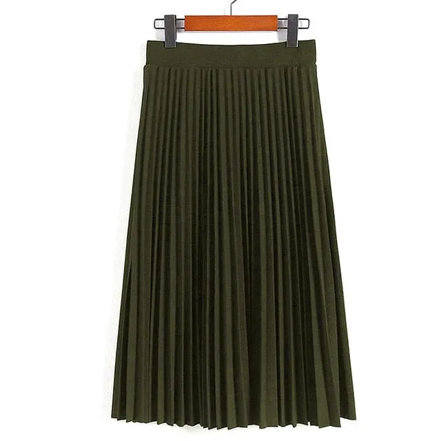 High Waist Pleated Solid Color Ankle Length Skirt