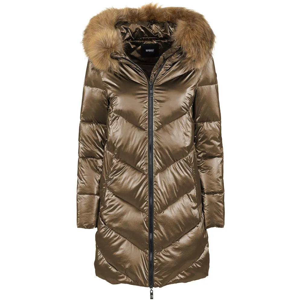 Imperfect Eco-Chic Brown Down Jacket with Faux Fur Hood