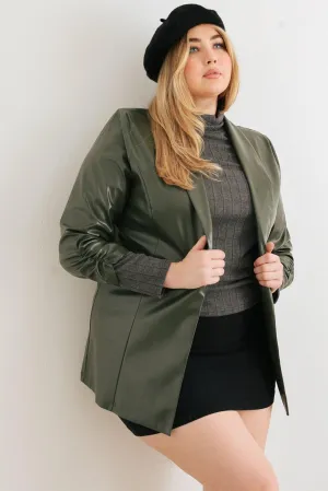 Junior Plus Green Vegan Leather Ruched Sleeve Open Front Jacket /2-1-1