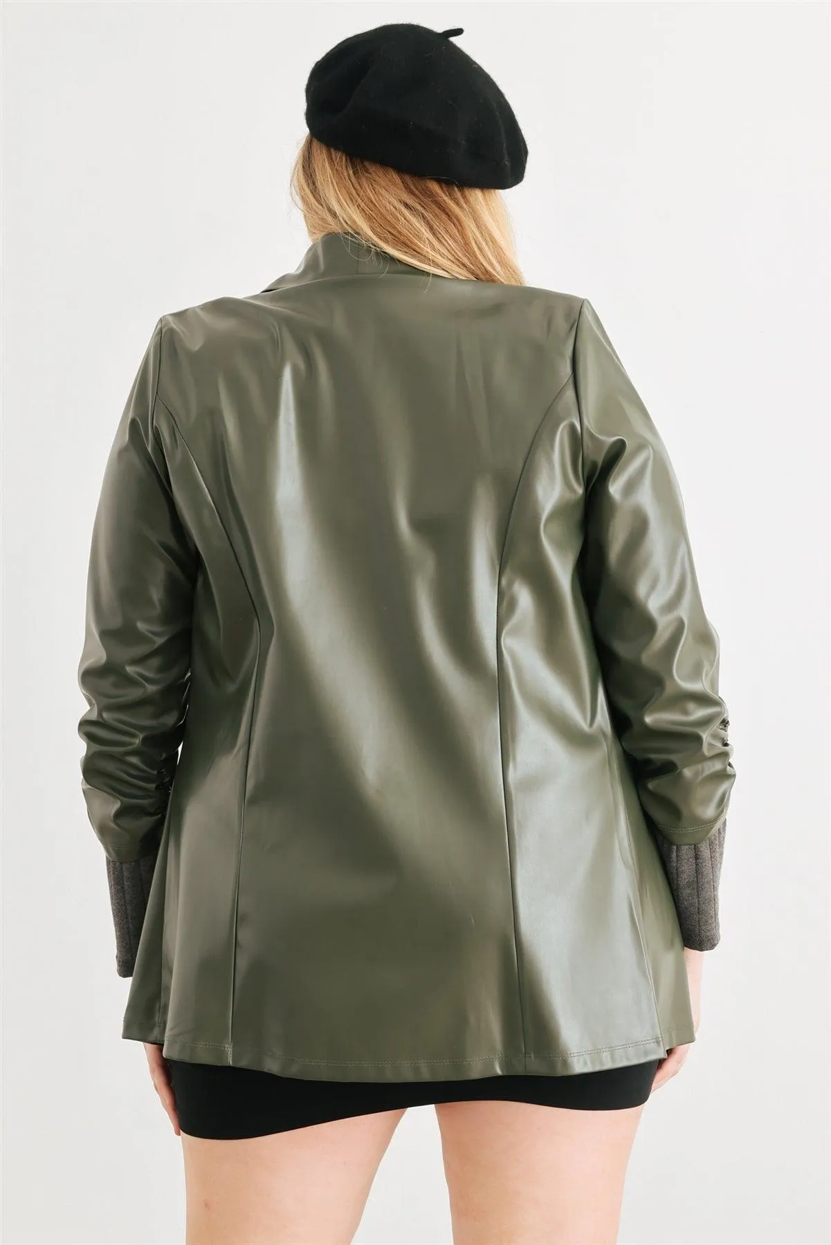 Junior Plus Green Vegan Leather Ruched Sleeve Open Front Jacket /2-1-1