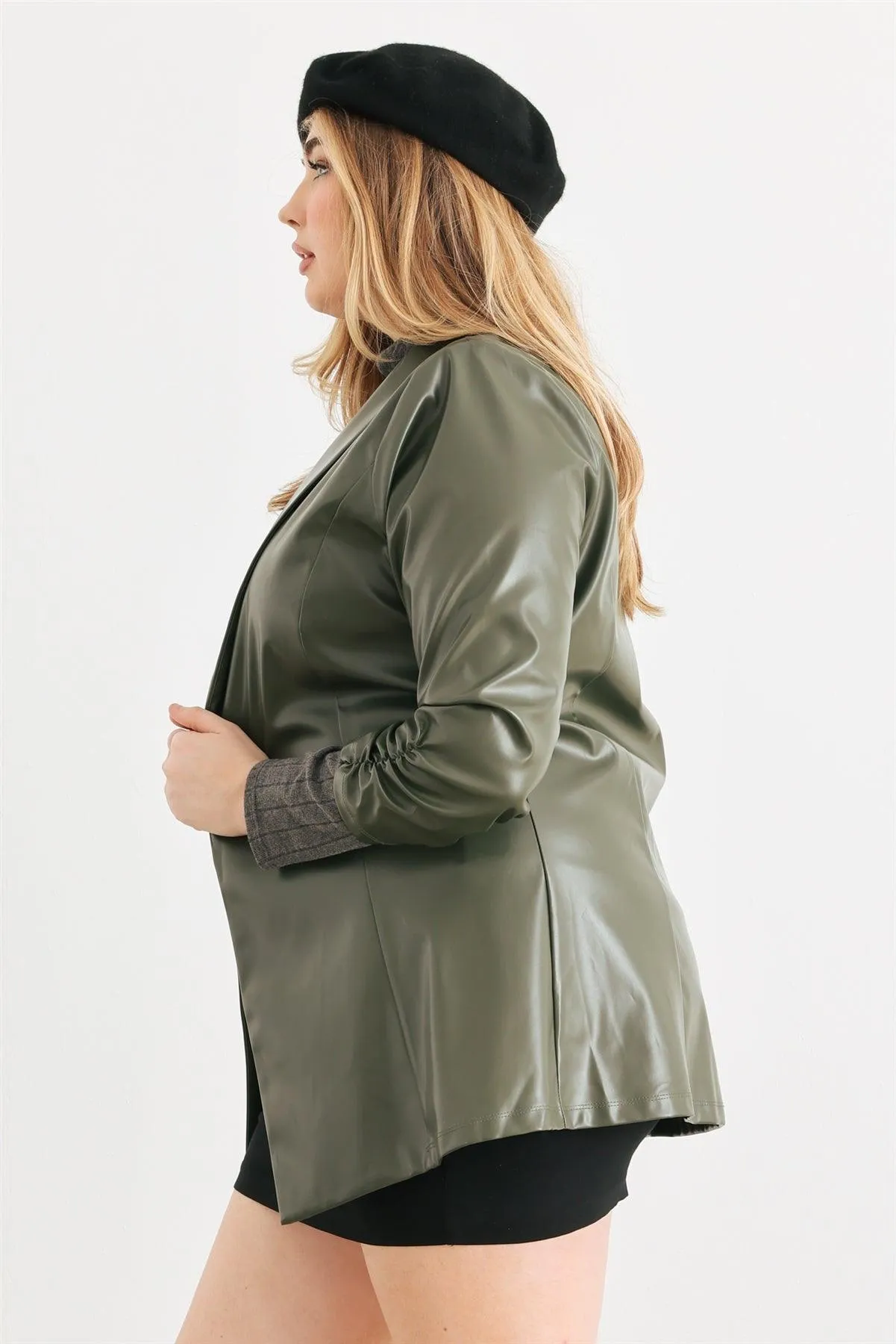 Junior Plus Green Vegan Leather Ruched Sleeve Open Front Jacket /2-1-1