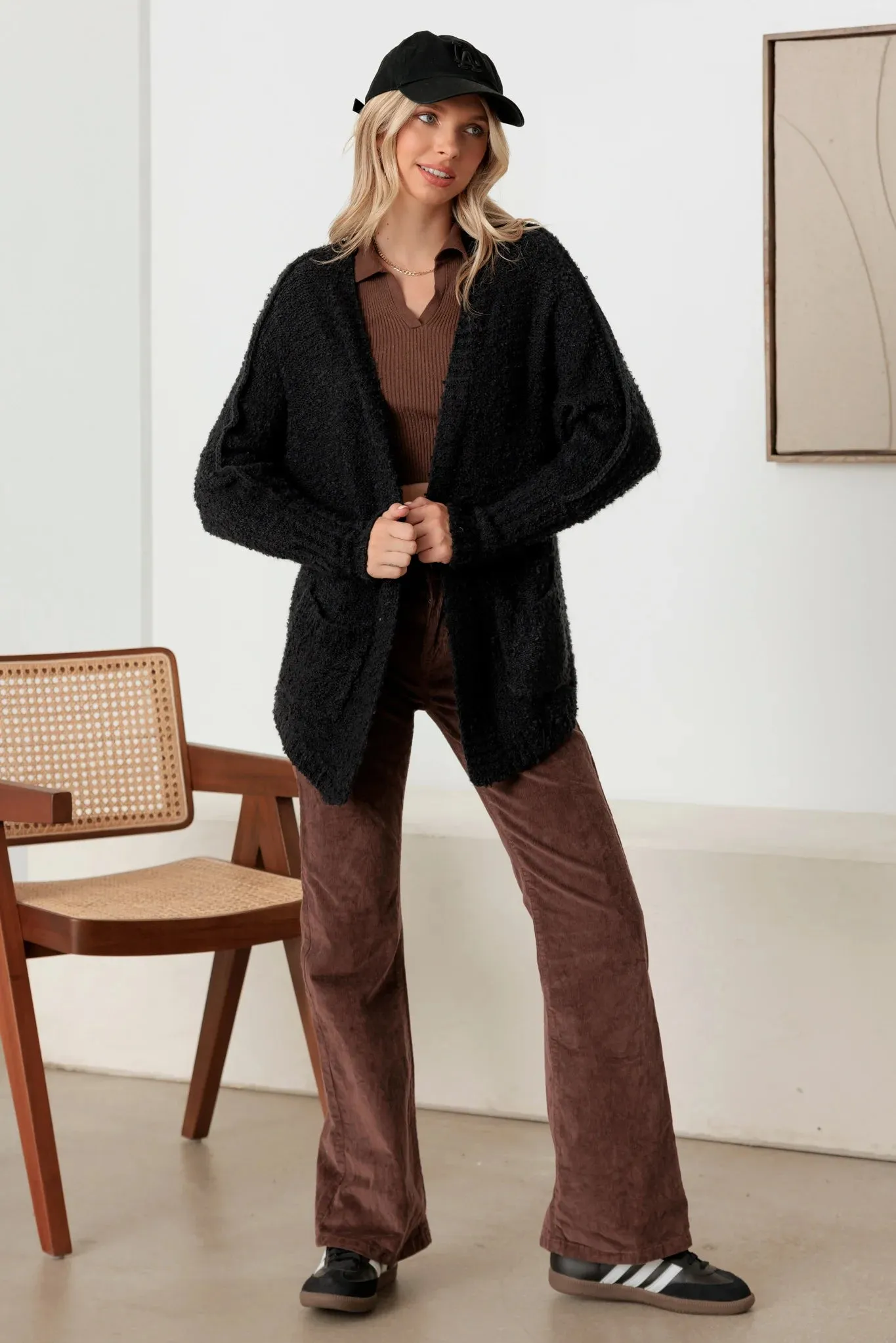 Knit Textured Two Pocket Open Front Cardigan