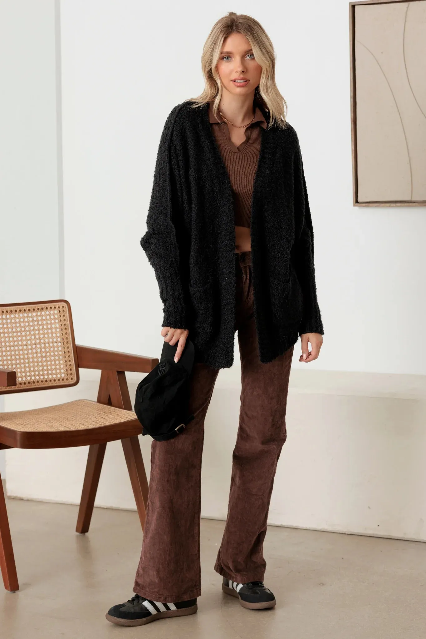 Knit Textured Two Pocket Open Front Cardigan