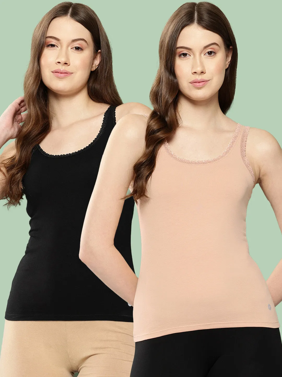 Leading Lady Women’s Solid U Neck Sleeveless Cotton Lace Camisole Regular Fit Tank Top (Pack of 2) [ LYC-02-2 ]