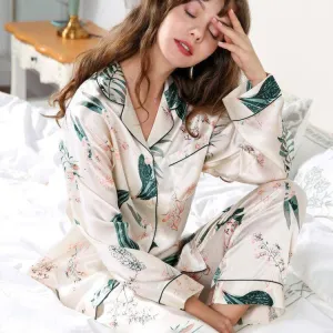 Long Flower Print silk pajamas Mulberry Luxury Silk Sleepwear Best Pajama Set For Women