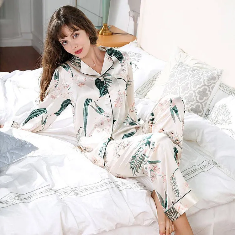 Long Flower Print silk pajamas Mulberry Luxury Silk Sleepwear Best Pajama Set For Women