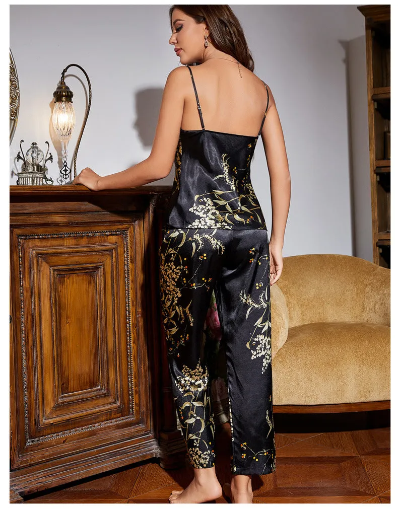 Luxury Silk Pajama Set For Women Flower Printed Cowl Neck silk sleepwear