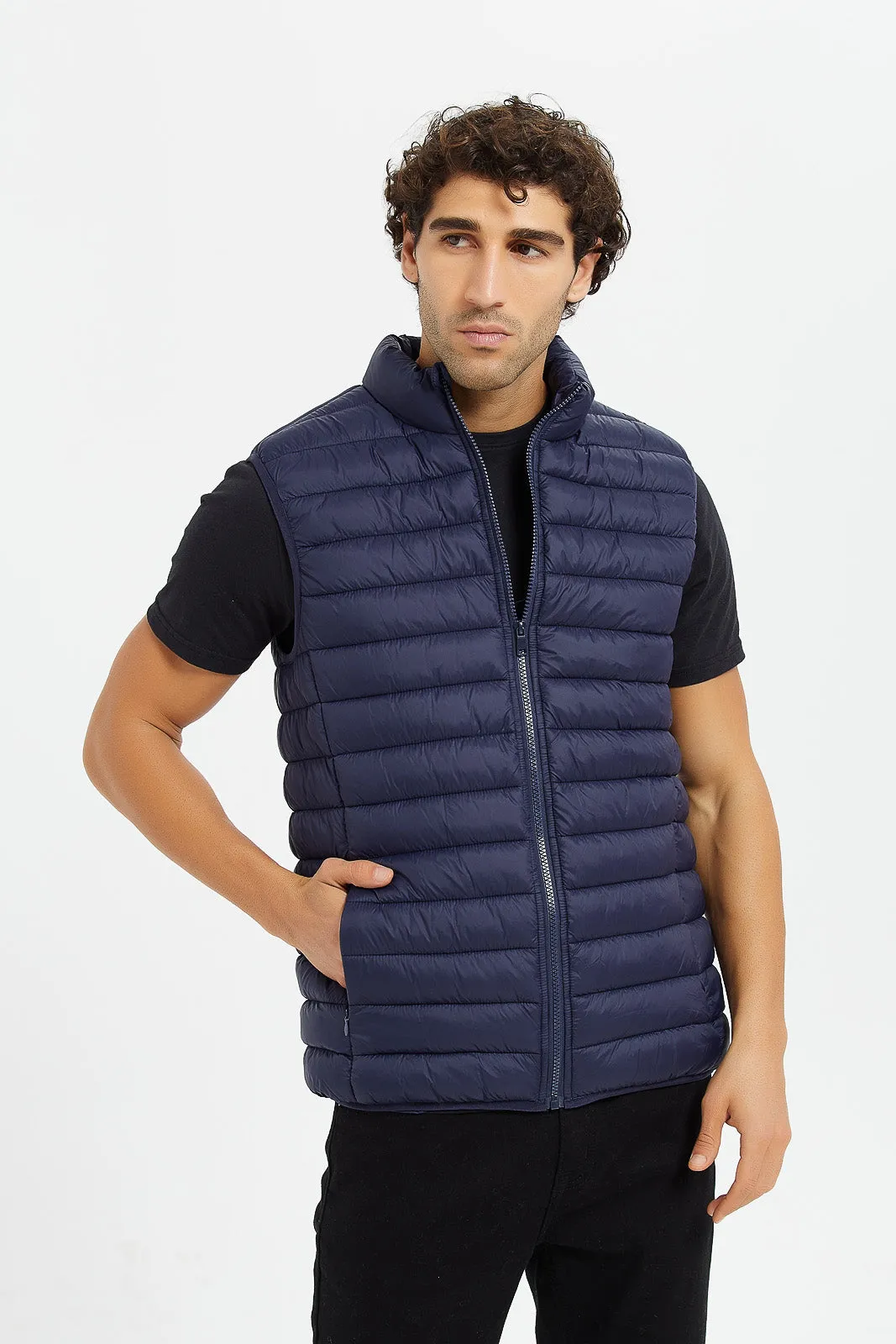 Men Navy Sleeveless Puffer Gilet Jacket