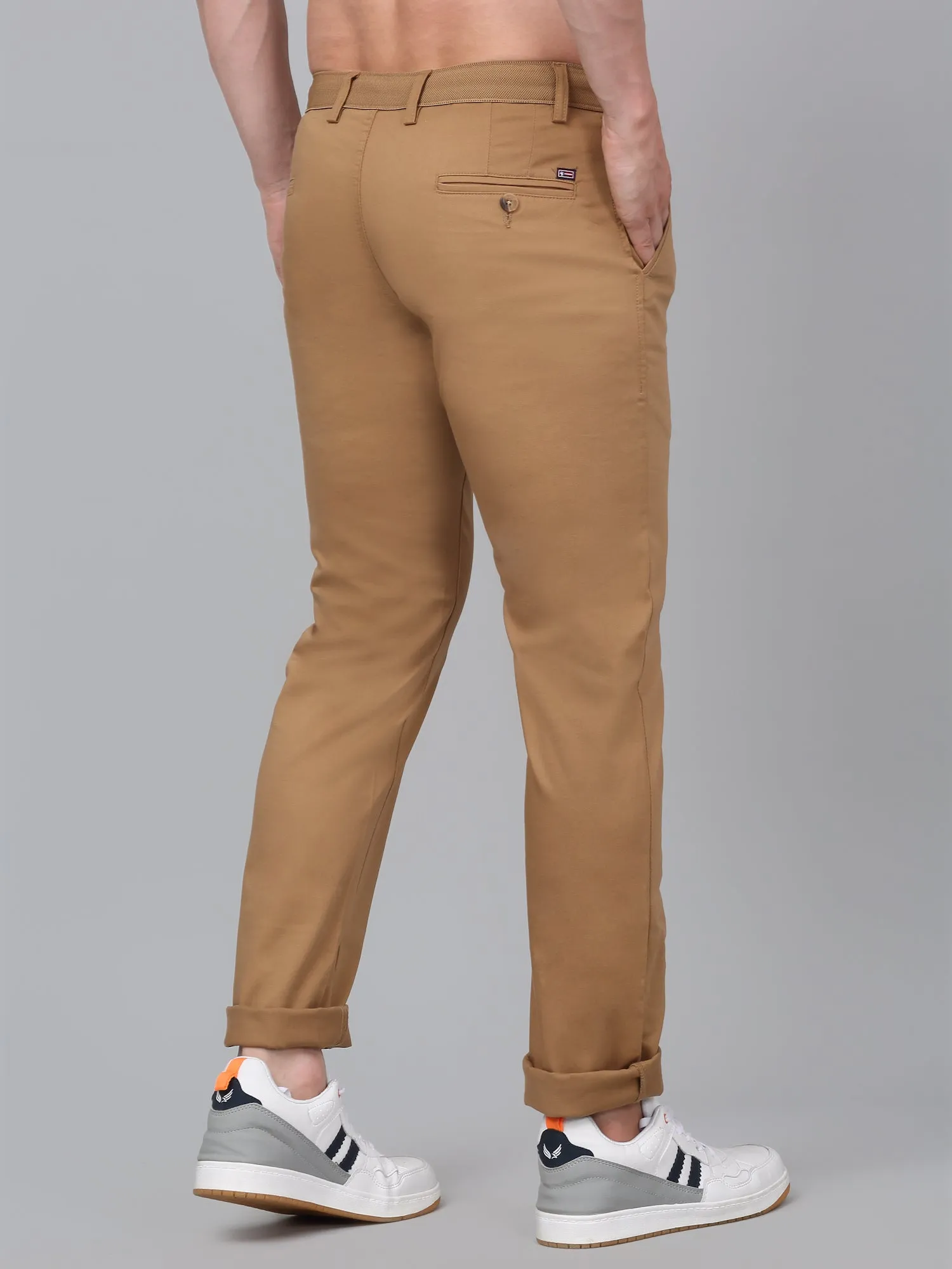 Men's Khaki Self-Design Non-Pleated Stretchable Casual Trouser