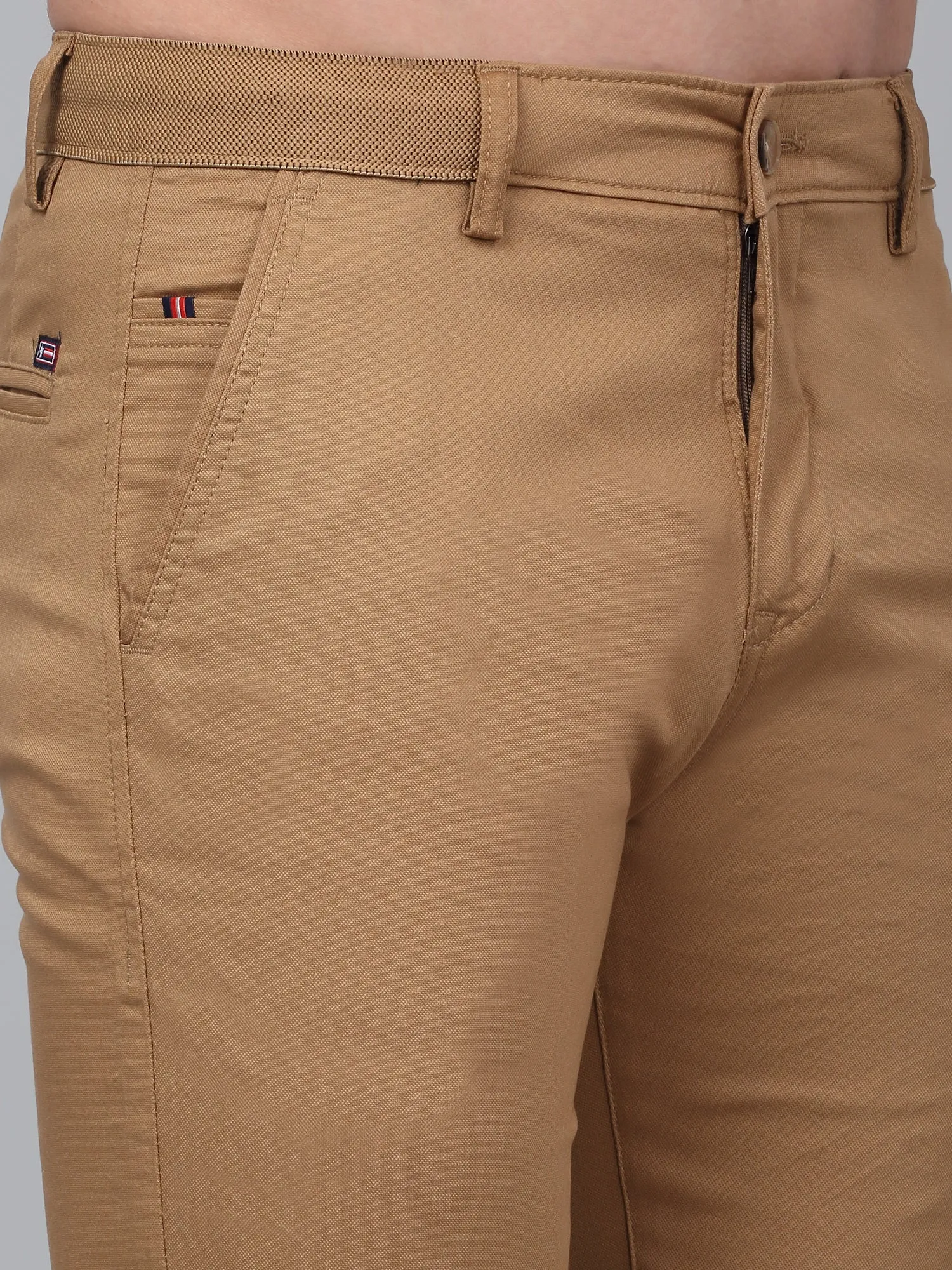 Men's Khaki Self-Design Non-Pleated Stretchable Casual Trouser