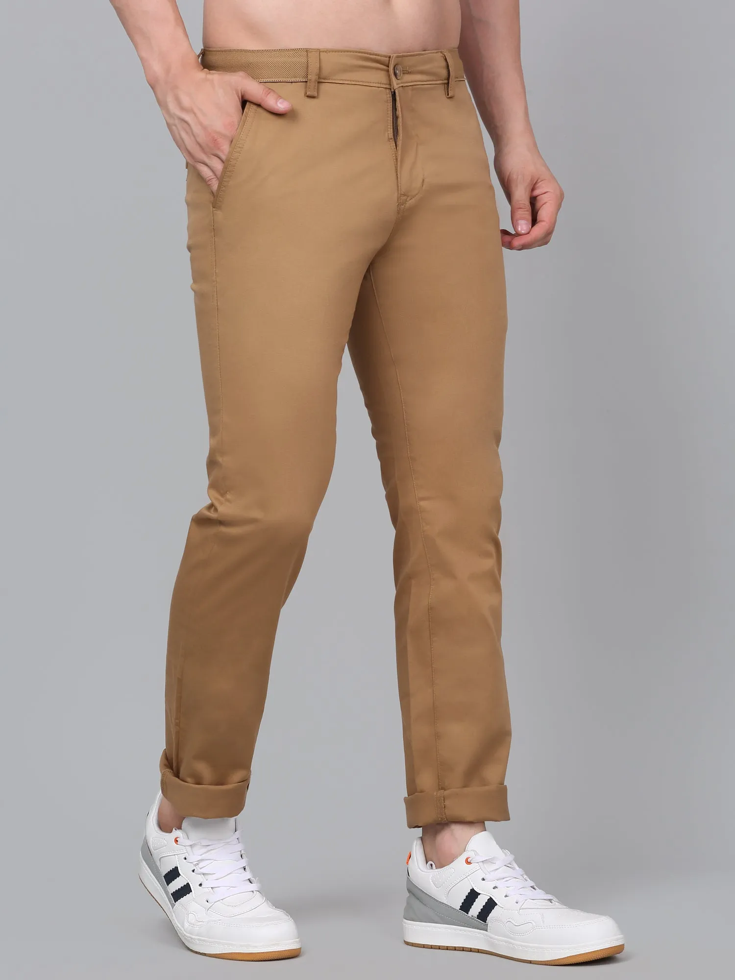 Men's Khaki Self-Design Non-Pleated Stretchable Casual Trouser