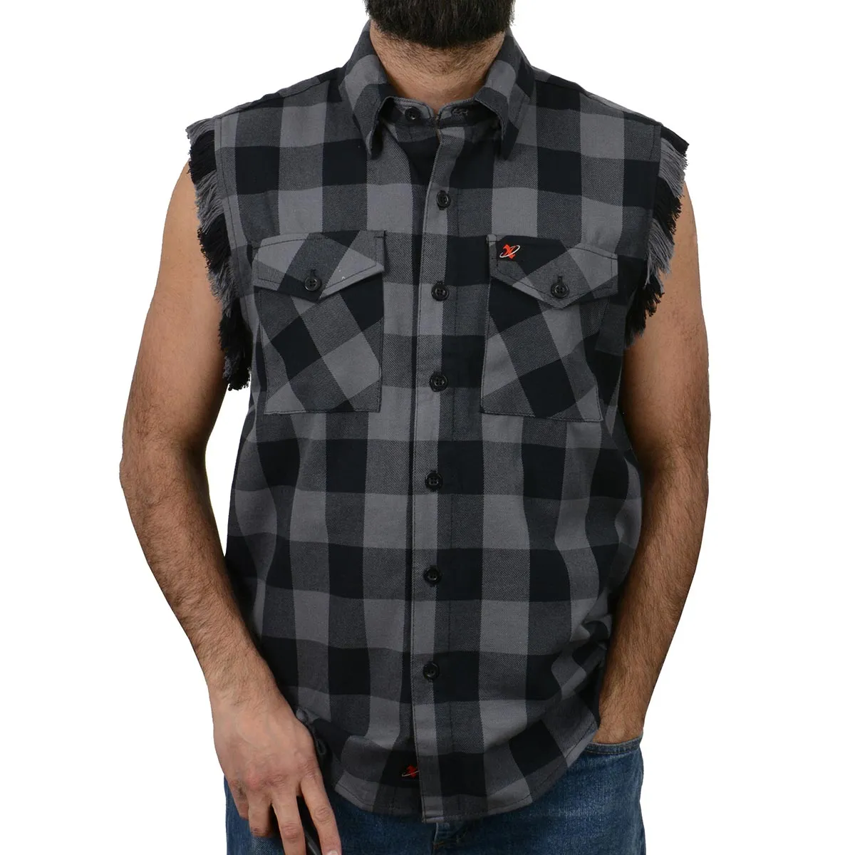 Milwaukee Leather MNG11689 Men’s Classic Black and Grey Button-Down Flannel Cut Off Frayed Sleeveless Casual Shirt