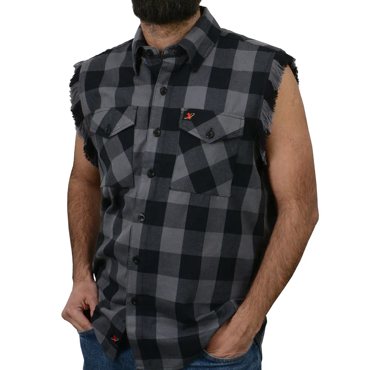 Milwaukee Leather MNG11689 Men’s Classic Black and Grey Button-Down Flannel Cut Off Frayed Sleeveless Casual Shirt