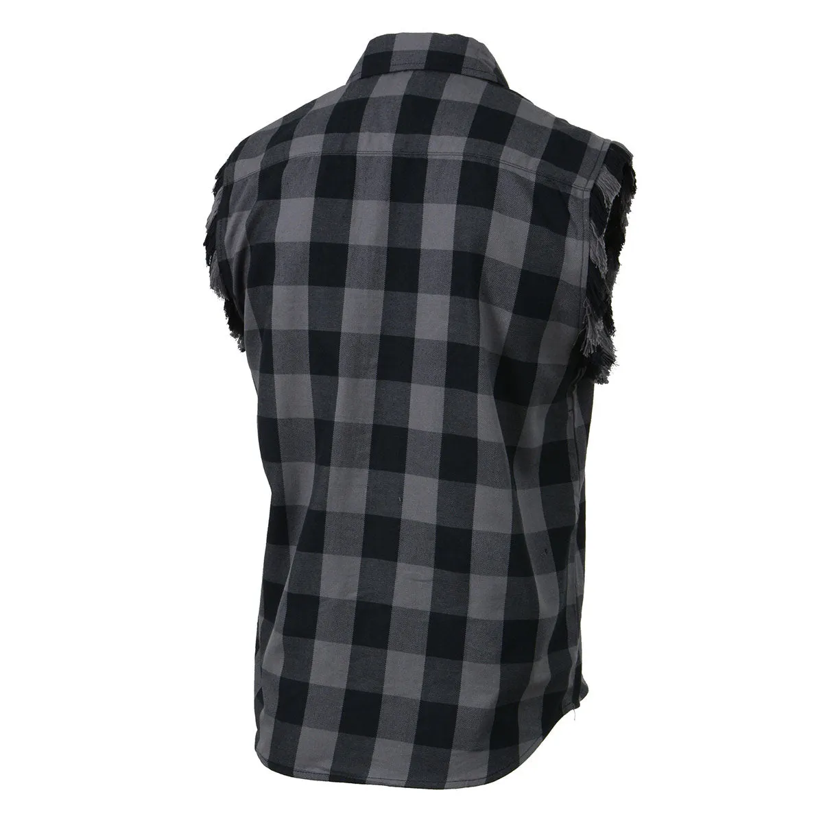 Milwaukee Leather MNG11689 Men’s Classic Black and Grey Button-Down Flannel Cut Off Frayed Sleeveless Casual Shirt