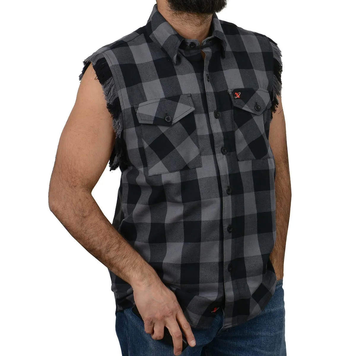 Milwaukee Leather MNG11689 Men’s Classic Black and Grey Button-Down Flannel Cut Off Frayed Sleeveless Casual Shirt