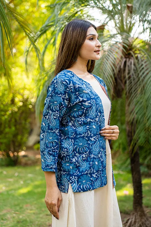 Moralfibre Mango Design Handblock Print  Indigo Jacket  With Colorful Lining