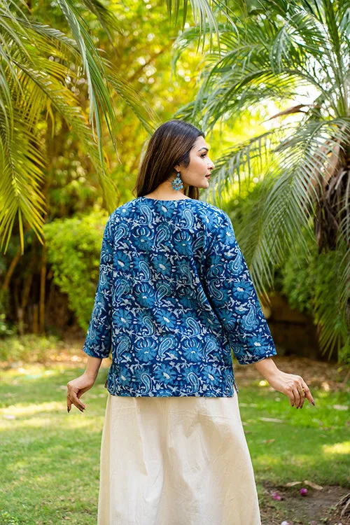 Moralfibre Mango Design Handblock Print  Indigo Jacket  With Colorful Lining