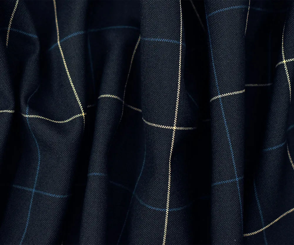 Navy-Blue-Ivory Polyester-Wool Check Woven Shirting Fabric