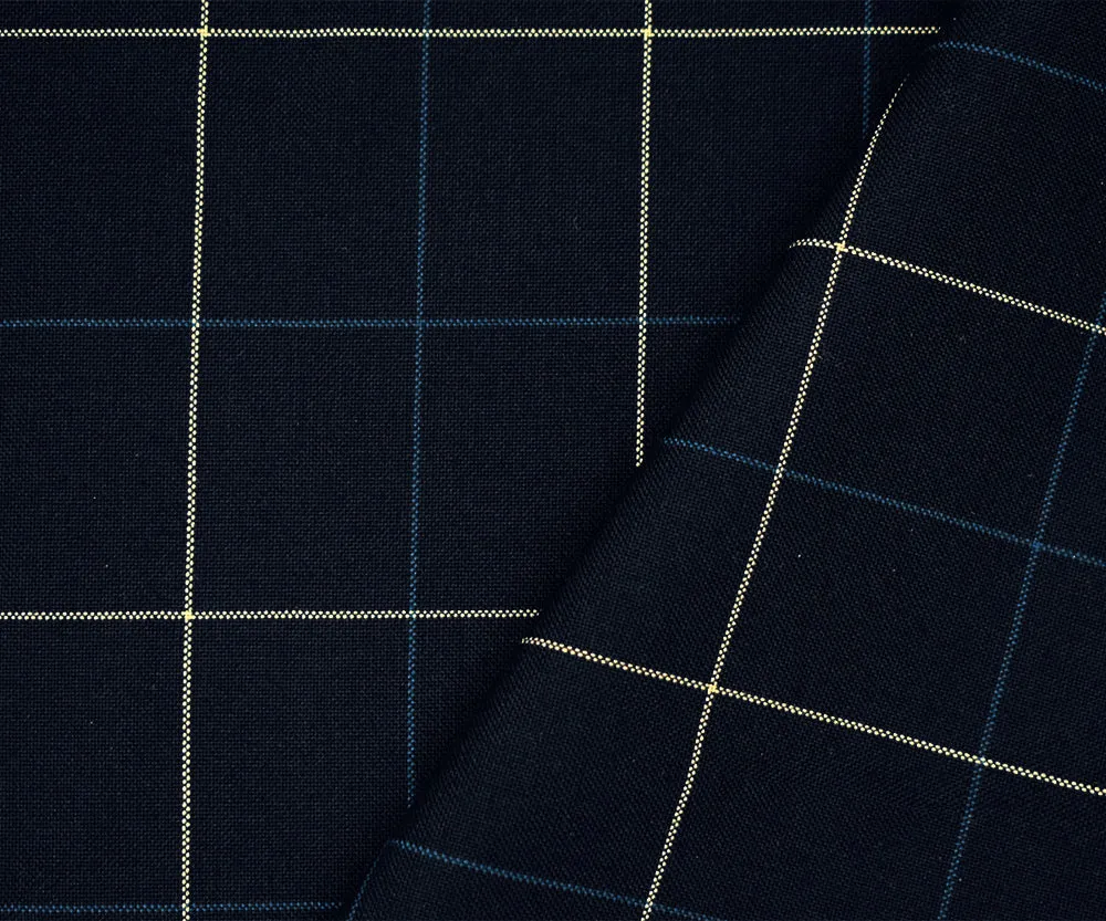 Navy-Blue-Ivory Polyester-Wool Check Woven Shirting Fabric