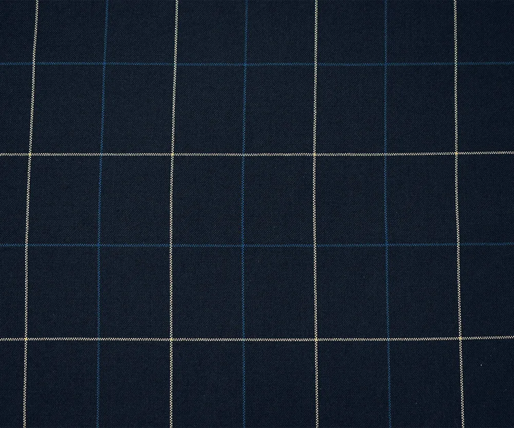 Navy-Blue-Ivory Polyester-Wool Check Woven Shirting Fabric